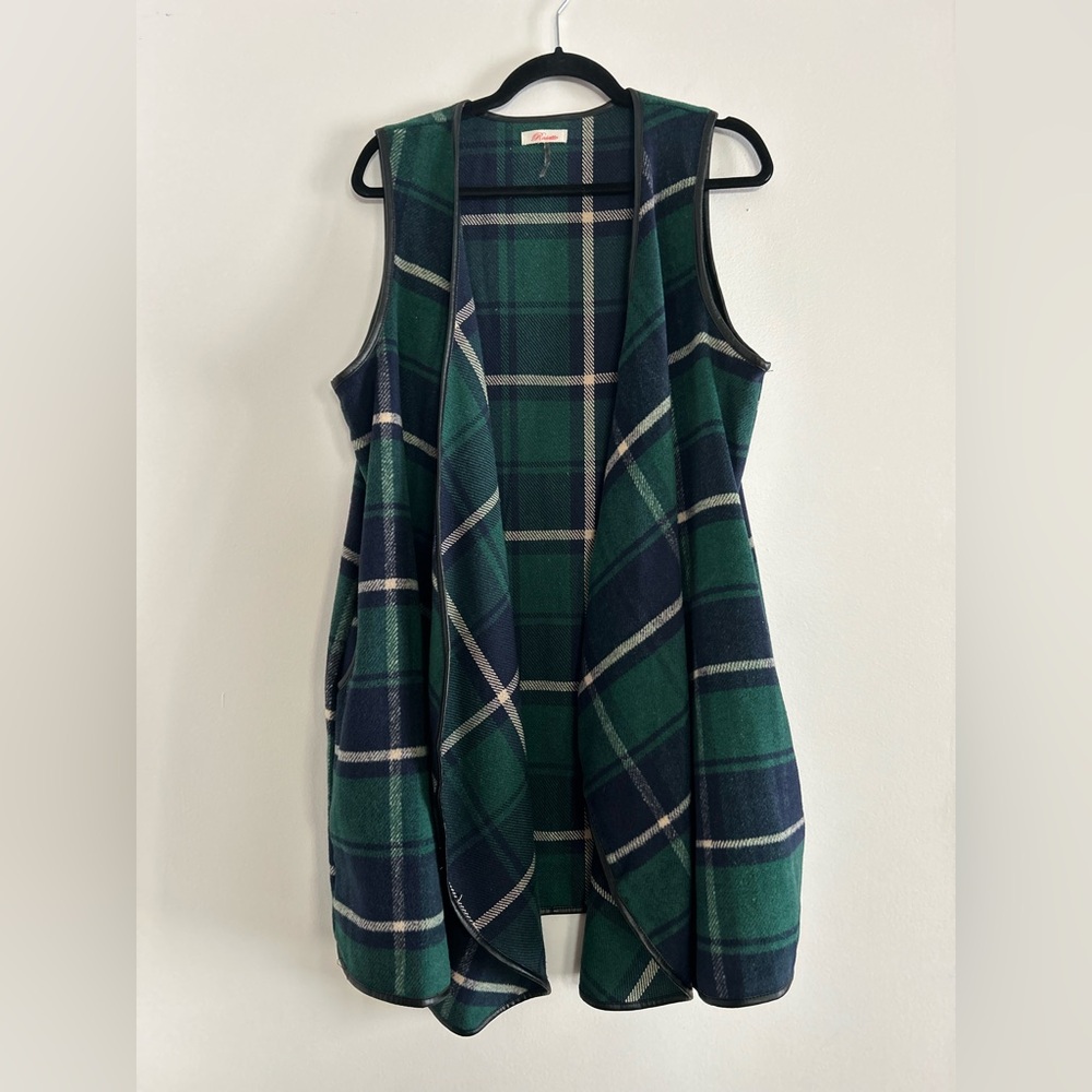 Rosette Womens Size Large Green Blue Plaid Sleeveless Cardigan Faux Leather Trim